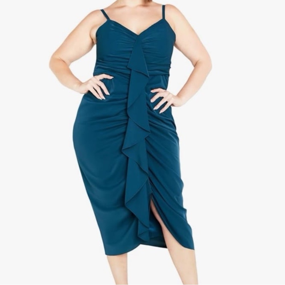 City chic teal chiffon ruffle satin lined Juliette midi dress plus size 18